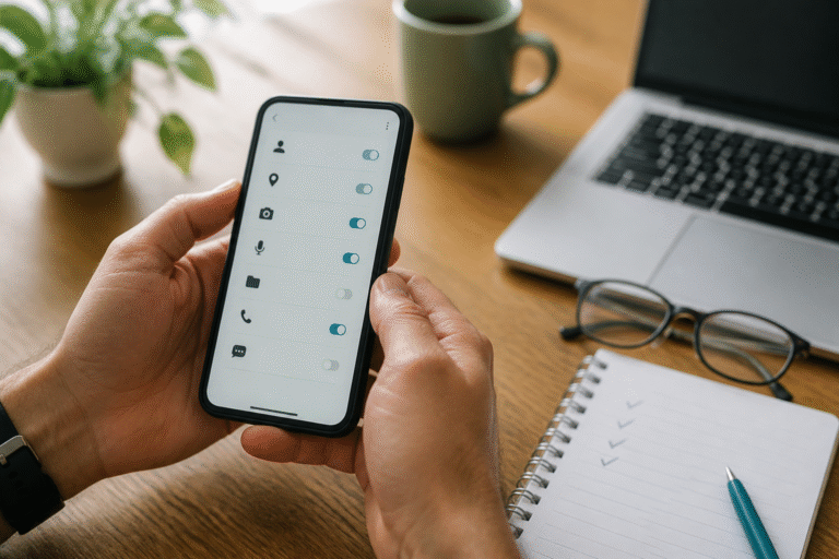 Android user reviewing app permissions and account privacy settings